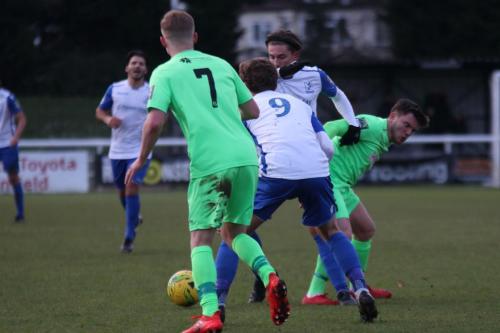 Enfields Mickey Parcell (9) and Sam Youngs and Dorkings Sam Beard (7) and Dan Pearse