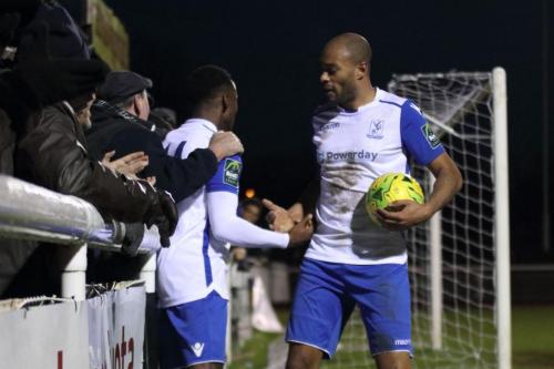 Enfields Simon Thomas (R) congratulates Ryan Blake on his goal