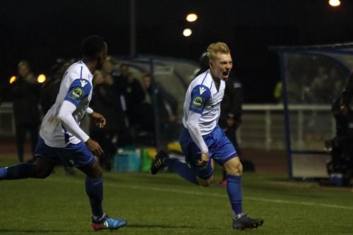 Enfields Ryan Blackman (R) celebrates his goal