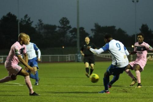 Enfields Ryan Blake (9) shoots across goal