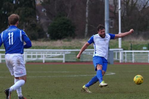 Enfields Adam Martin shoots after a corner had been cleared  The ball eventually reaches Mat Mitchel-King who opens the scoring