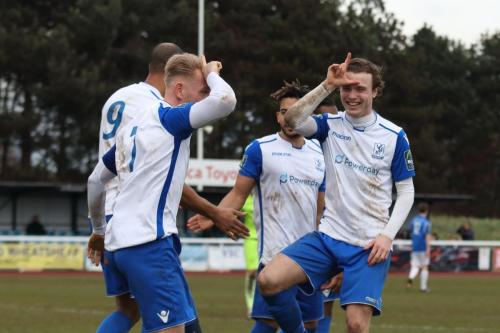 Mickey Parcell (R) and Ryan Blackman celebrate Blackmans penalty in their own way  Simon Thomas and Tyler Campbell take a more conventional approach