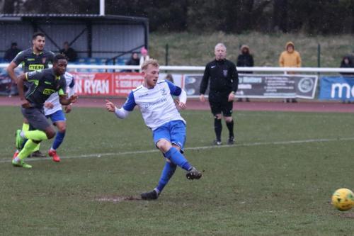 Enfields Ryan Blackman puts his penalty too close to keeper Conor Hudnott