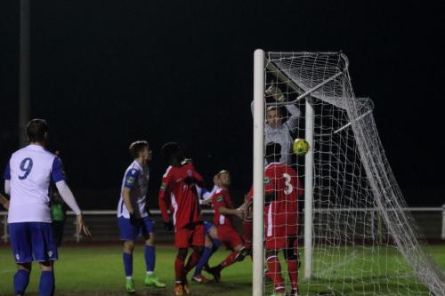 Chipstead goalkeeping coach Tony Stone, who was forced to start due to the late arrival of first choice Michael Sibley, is beaten by Aaron Greenes corner for the opening goal