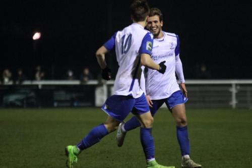Enfields George Beattie (R) celebrates his goal with Ben Ward-Cochrane