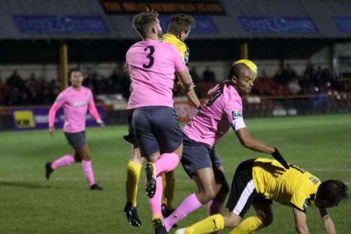 Enfields Dan Rumens (3) and Simon Thomas challenge at a set piece