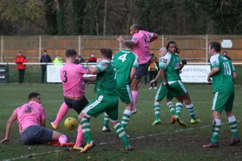 Enfields Dan Rumens (3) cant make contact with Simon Thomass flick on from a corner