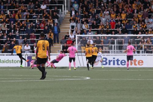 Maidstones  Jamar Loza (7) shoots  The ball rebounded off the post for no 32, Joe Pigott to score a last-minute equaliser