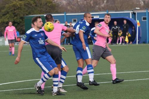 A cross from the left beats everyone  L-R Liam Friend, MAt Mitchel-King, Tom Wynter and Brad Wadkins
