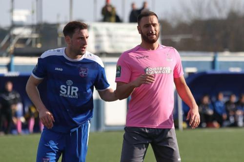 Enfields Mat Mitchel-King (R), who suffered an early nosebleed, and Margates Liam Friend