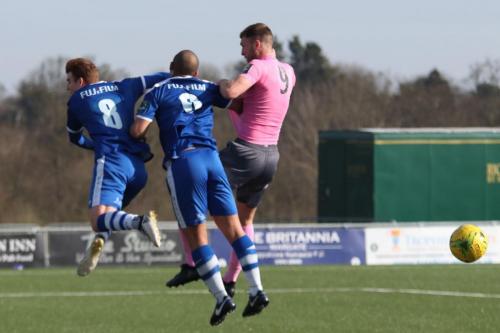 Margates Sam Blackman (L) and Tom Wynter and Enfields Brad Wadkins all miss the ball66