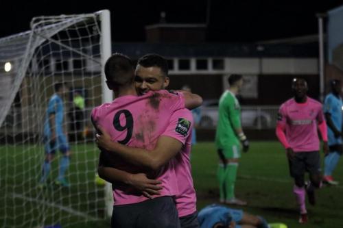 Enfields Brad Wadkins (9) and Taylor McKenzie celebrate Wadkins debut goal