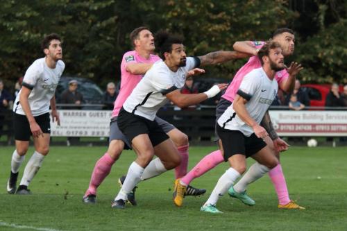 (left to right)  James Potton (Royston), Darren purse, Adam Murray, Taylor McKenzie and Scott Thomas watch the ball at a set piece