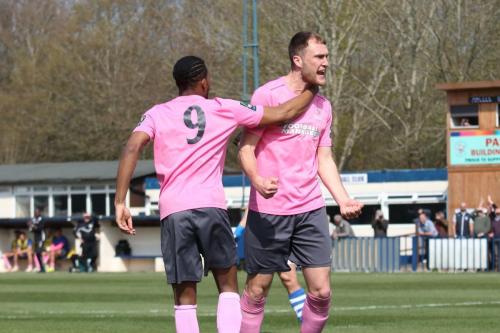 Enfields Dernell Wynter (L) and scorer Brad Wadkins celebrate the opening goal