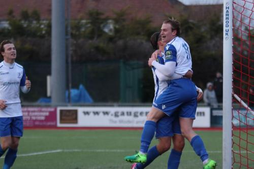 Enfields Aaron Greene (R) celebrates his goal