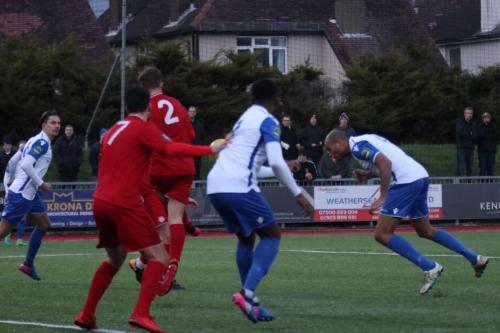 Worthings Joel Colbran (2) blocks a header from Simon Thomas