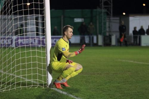 Bognor keeper Dan Lincoln lines up his defensive wall