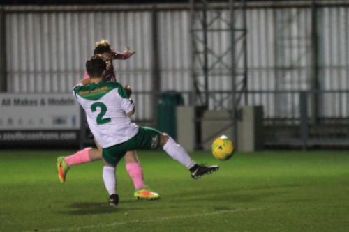 Bognors Calvin Davies (2) blocks Aaron Greenes shot