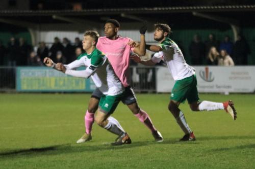 Bognors Tommy Block (L) and Harvey Whyte and Enfields Rian McLean