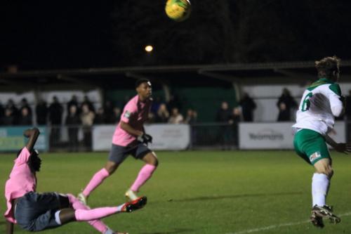 Muhammadu Faals  shot rebounds off Bognors Gary Charman