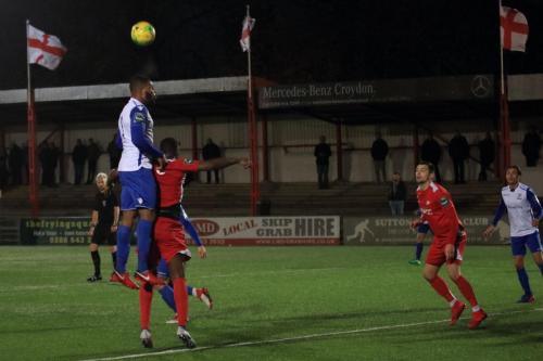 Enfields Taofiq Olomowewe gets his head to the ball but cant direct it on target