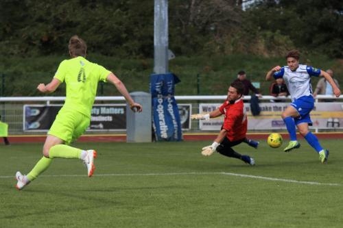 Bedford keeper Kyle Forster saves from Lewis Taaffe