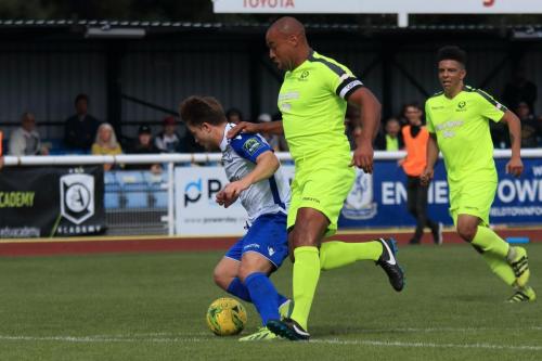 Bedfords Gavin Hoyte challenges Lewis Taaffe (L)