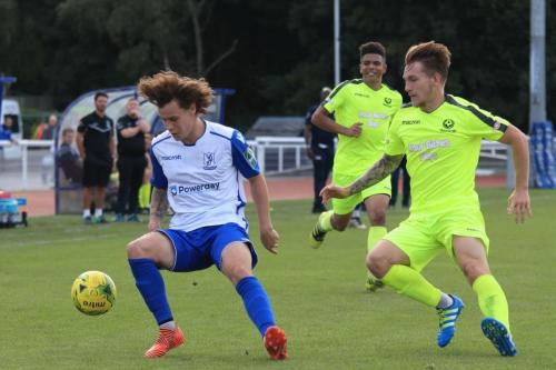 Enfields Sam Chaney and Bedfords Ashton Grant (R) and Jordan Jarrold