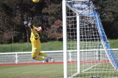 Carshalton keeper Billy Bishop turns away a fierce free kick