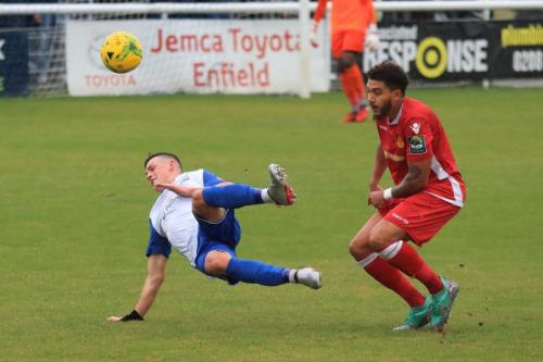Enfields Brandon Adams (L) and Mersthams Harry Osborne
