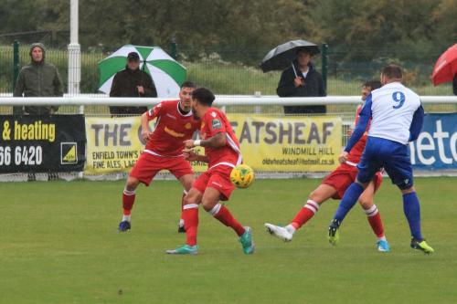 Mersthams Simon Cooper (L), Harry Osborne and Jake Hutchings and Enfields Billy Bricknell