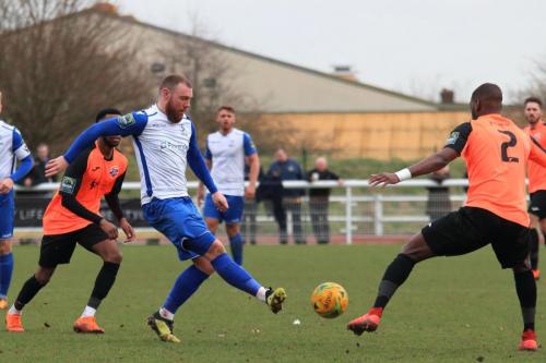 Enfields Billy Bricknell and Tonbridges DSean Theobalds (L) and  James Folkes