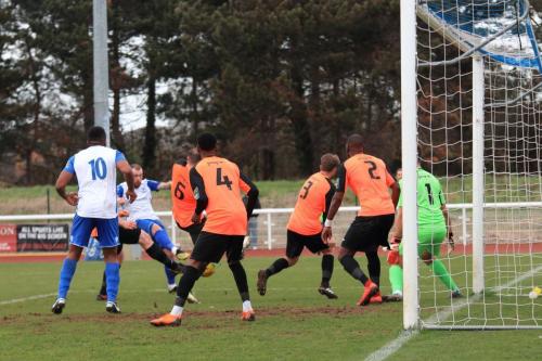 The Tonbridge defence combines to block a shot from Billy Bricknellx