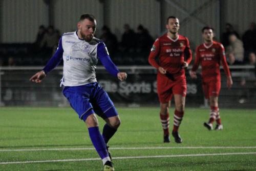 Enfields Billy Bricknell shoots and clips the outside of the post