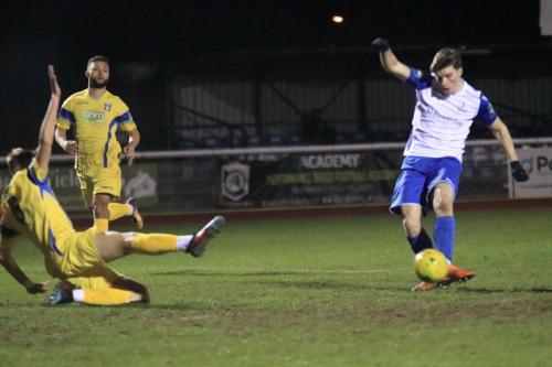 Josh Davison scores the second Enfield goal in a minute to make the score 2-2x