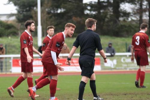 Bognors Theo Widdrington appelas in vain that he had cleared Enfields third goal before the ball crossed the line