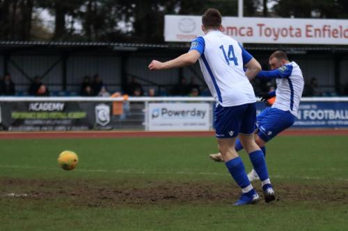 Enfields Billy Bricknell shoots but the ball is cleared off the goal line