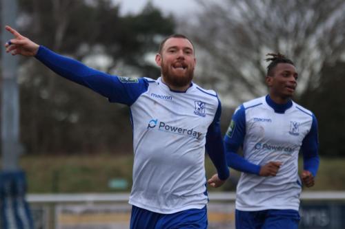 Billy Bricknell (L) celebrates his second, and Enfields third, goal