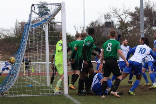 Billy Bricknell (white, backgroiund, with arm raised) puts Enfield 2-1 up