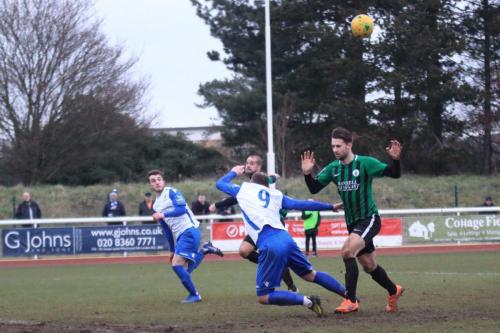 Enfields Billy Bricknell (9) apeeals unsuccessfully that he has been clipped by Tom Cadman (R)