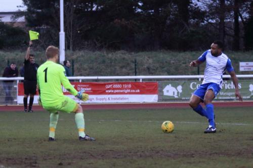 Enfields Kezie Ibe is denied by an offside flag