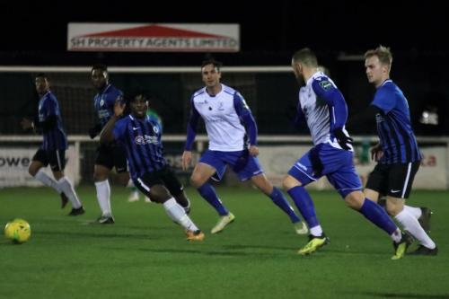 Enfields Matt Johnson (white, L) and Billy Bricknell  and Burgess Hills Michael Twede (L) and Daniel Choules