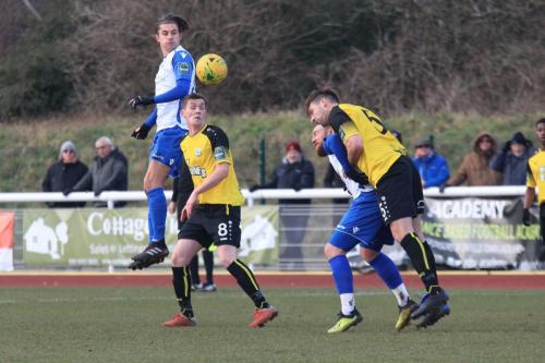 Enfields Sam Youngs (L) and Billy Bricknell and MArgates Liam Friend (R) and Connor Dymond