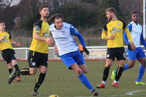 Enfields Sam Youngs (white, L) and Karl Oliyide and Margates Connor Dymond (L), James Rogers and Ben Swift