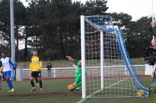 Margate keeepr Louis Wells is beaten for the opening goal