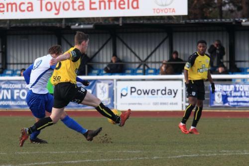 Margates Connor Dymond (yellow) blocks Sam Youngs shot