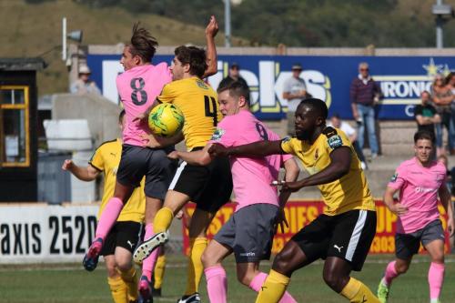 Enfields Sam Youngs (8) and Liam Hope and Folkestones Matt Newman (4) and Jerald Aboagye
