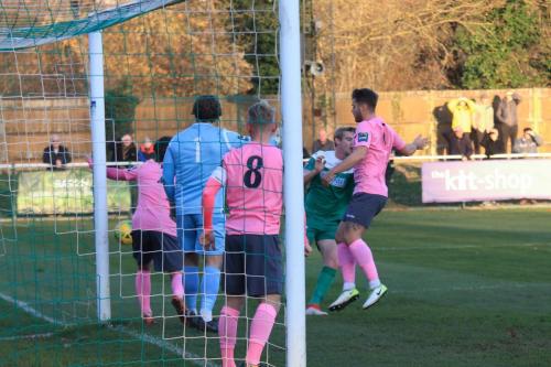 A Leatherhead set piece fimishes with ball passing just wide of the post