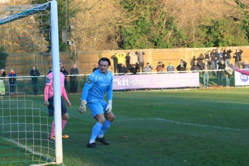 Enfield keeper Joe Wright and captain Ryan Blackman can only watch as Charlie Wassmer puts Leatherhead 2-0 up after 15 minutes