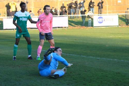 Enfields Joe Wright dives for a shot which falls to Travis Gregory for the opening goal